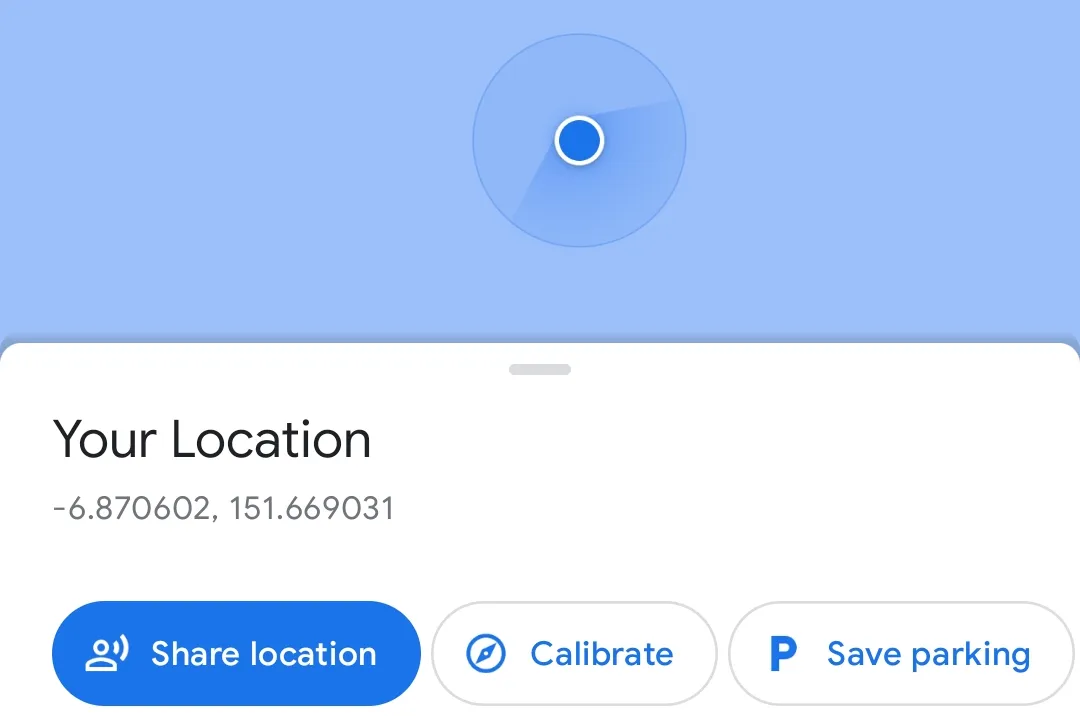 Google Maps “Your Location” panel showing the coordinates -6.870602, 151.669031