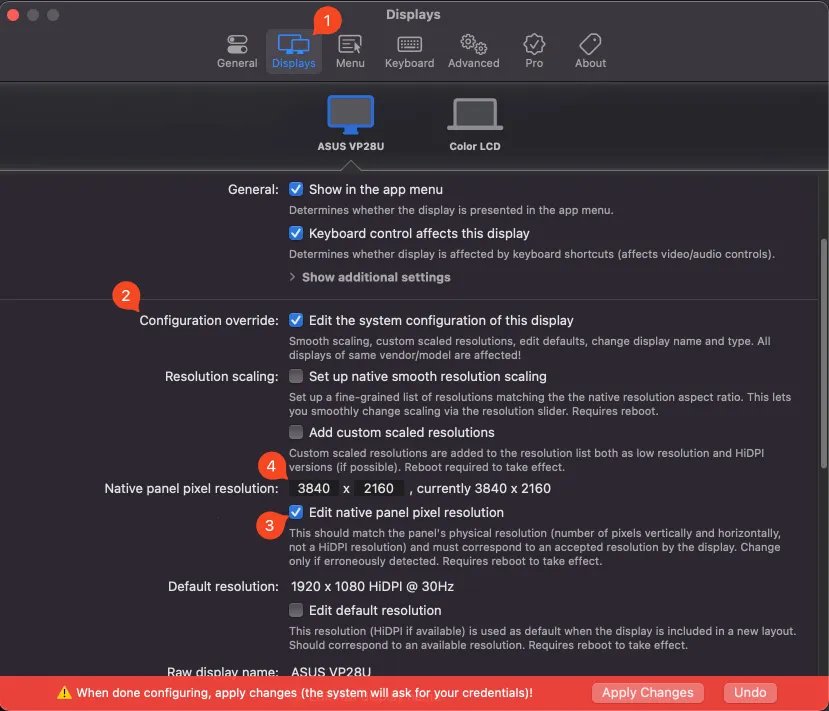 BetterDisplay settings for the ASUS VP28U with the configuration override and native panel pixel resolution options highlighted